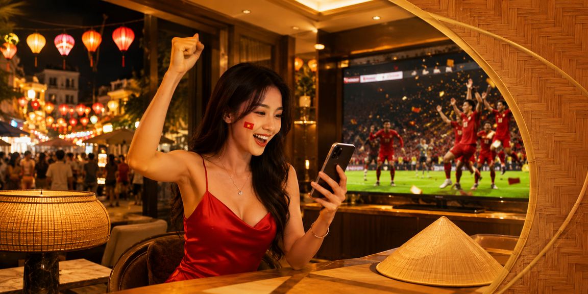 Không gian casino trực tuyến sôi động với bảng hiển thị tỷ lệ và người chơi Việt Nam
